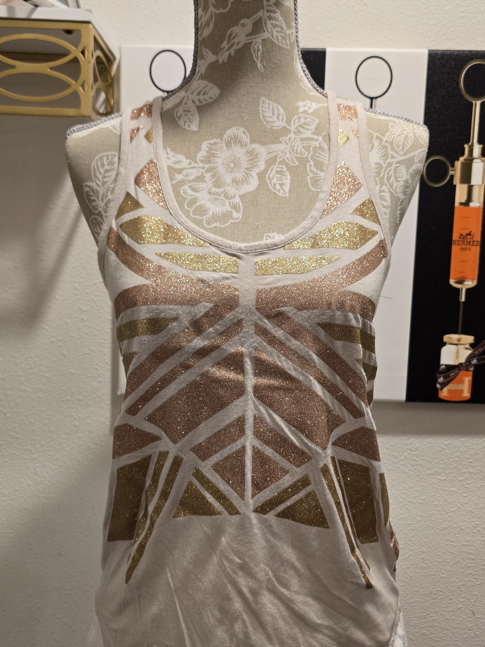 Express XS Cream Tank Top with Rose Gold & Gold Geometric Glitter